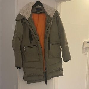 Olive Green Puffer Coat with Orange Lining